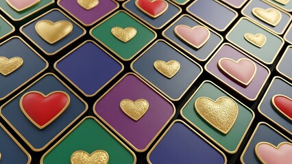 Colorful diamond tiles with golden and red hearts in a repeating pattern