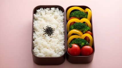 Healthy bento box lunch featuring white rice and colorful fresh vegetables