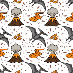 Seamless vector pattern of cute dinosaurs, volcanoes, and lava flows © Khrystyna Turchyn