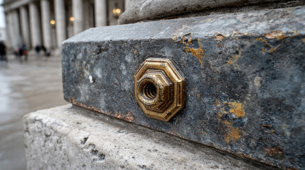 Court railing bolt detail showing aged brass fastener, structural integrity focus, subtle patina, courthouse safety element, architectural realism symbolizing stability, restraint, and civic order
