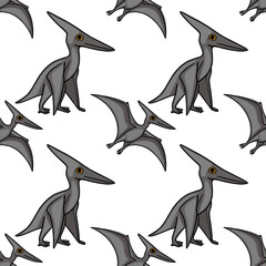 Seamless vector pattern of cute grey pterodactyl dinosaurs in flight and perched, cartoon style © Khrystyna Turchyn