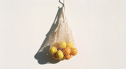 Minimalist shot of an eco-friendly mesh string bag filled with fresh oranges and lemons hanging on a white wall under bright sunlight