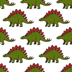 Obraz premium Seamless vector pattern of cute green Stegosaurus dinosaurs with red plates, playful prehistoric illustration