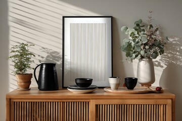 Stylish interior decoration setup showcases natural textures and monochrome accents under dramatic light