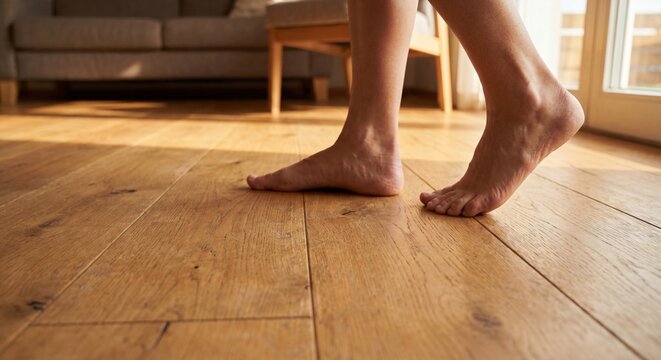Close-up of bare feet walking on a clean polished oak wood floor in a cozy home interior with warm golden hour sunlight streaming in
