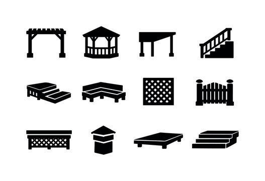 Deck Structure Icons. Deck structures. Solid icon set of deck structures: pergola, gazebo outline, canopy shade, step railing, multi-level deck, built-in