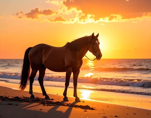 Majestic horse standing gracefully on a serene sandy beach, illuminated by the warm, golden light of a breathtaking sunset over the ocean waves