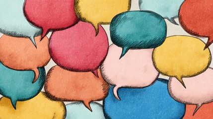 Colorful speech bubbles overlapping each other, symbolizing conversation, dialogue, and communication in a vibrant, artistic style.