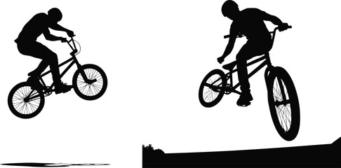 BMX riders performing freestyle tricks jumping in air silhouette vector illustration for extreme sport, urban cycling, competition action, adrenaline lifestyle design © MdAftab