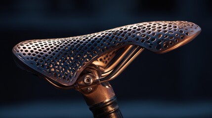 Unique bike saddle design in close view showing details of material and structure during evening light