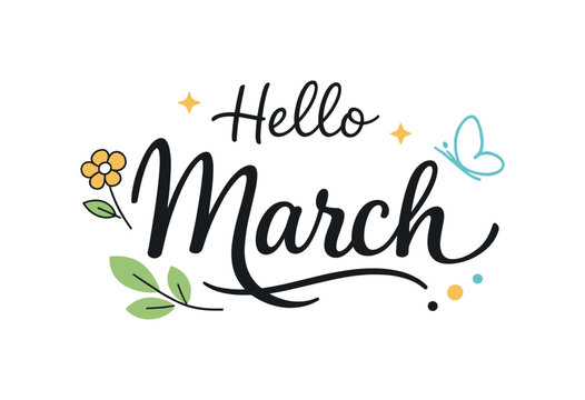 Hello March Design. Hello March lettering designs. Modern typographic composition with smooth curves and relaxed rhythm, expressing freshness and early spring