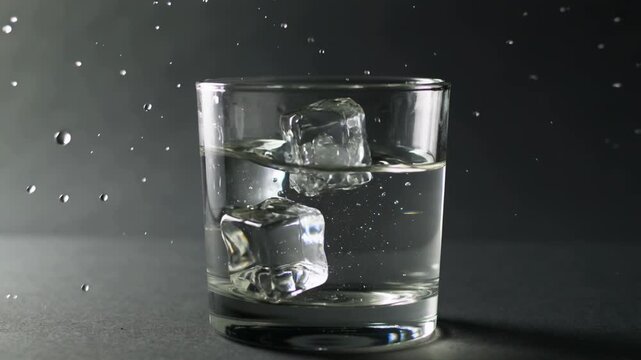 Ice cubes splashing in a glass of water on dark background  