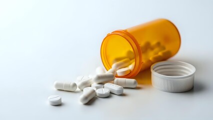 Orange prescription pill bottle spilled with white tablets and cap on clean surface for healthcare and medication concepts.