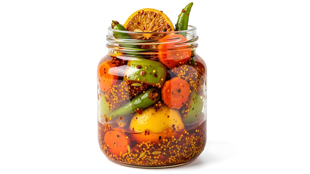 Glass Jar Filled with Traditional Mixed Indian Pickles Featuring Carrots Green Chilies Lemon and Spices in Oil, Authentic Fermented Spicy Condiment for Gourmet Food Preserves and Culinary Stock