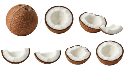 set of coconuts in multiple angles with transparent background 