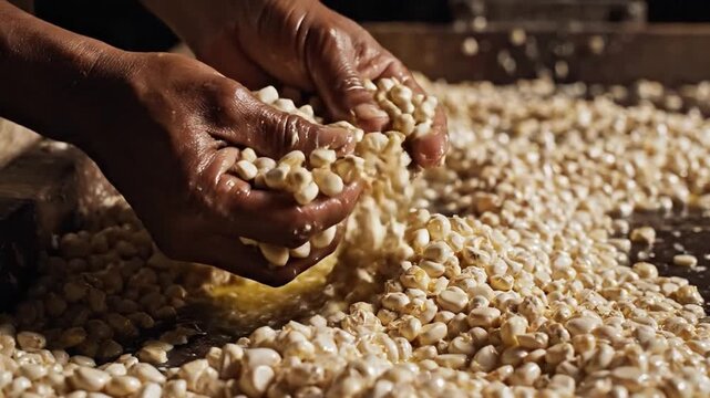 Close Up of Palm Fruit Kernels Being Processed for Transportation and Distribution at a Riverside Farm in Broad