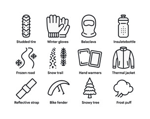 Fototapeta premium Winter Biking Icons. Winter biking. Line icon set of winter biking: studded tire, winter gloves, balaclava, insulated bottle, frozen road, snow trail, hand