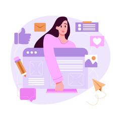 Digital Content Creation. Woman Curates Content, Writes Scripts. Flat Vector Illustration.