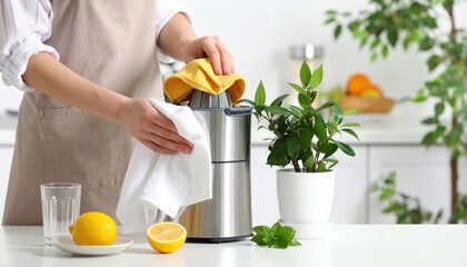 Woman Cleaning Shiny Stainless Steel Juicer with Yellow Cloth and White Towel in a Bright Kitchen with Plants and Lemon Slices