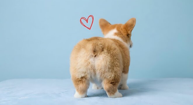 Adorable fluffy orange corgi puppy sitting with back turned showing cute bottom on blue background with red heart symbol for pet love concept.