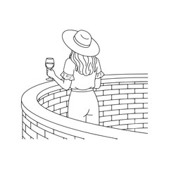Obraz premium Woman with big hat drinking wine on balcony, back view vector line art. Female character leaning on brick wall looking at copy space. Minimalist holiday sketch. 