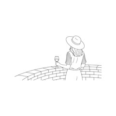 Obraz premium Woman with big hat drinking wine on balcony, back view vector line art. Female character leaning on brick wall looking at copy space. Minimalist holiday sketch. 