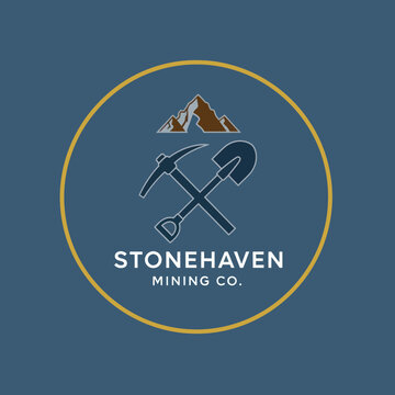 Stonehaven Mining Co Logo with Pickaxe and Hammer.