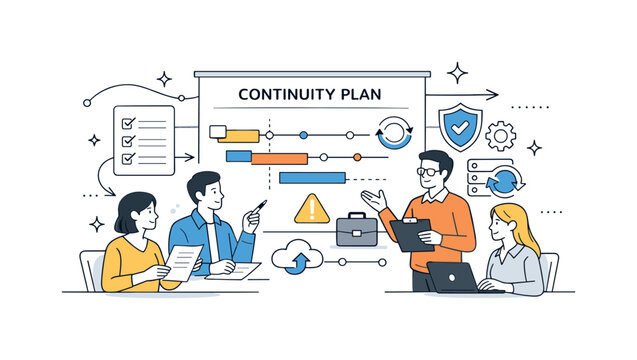 Business Continuity Strategy. Business continuity planning. Team reviewing a continuity plan with timelines, checklists, and backup icons, preparing for
