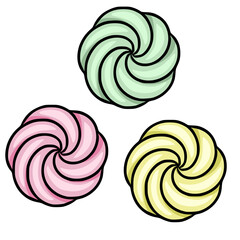 Swirled whipped cream vector illustrations in pastel colors, isolated on white background