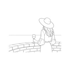 Obraz premium Woman with big hat drinking wine on balcony, back view vector line art. Female character leaning on brick wall looking at copy space. Minimalist holiday sketch. 