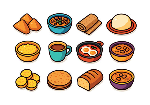 African Breakfast Icons. african breakfast. Colorful isometric vector icons set of african breakfast: mandazi pastry, ful medames bowl, injera roll, ugali