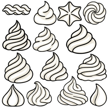 Set of delicious whipped cream swirls vector illustrations, isolated on white background