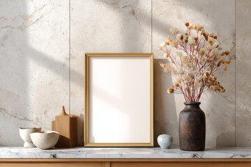Blank vertical frame mockup rests on a counter beside dried botanical arrangement and decor