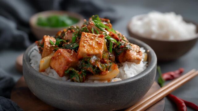 Korean dubu-jorim - braised spicy bean curd with rice in gray bowl. Asian vegetarian food concept