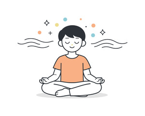 Obraz premium Calm Mindfulness Illustration. Mindfulness Practice. A calm character sitting cross-legged with closed eyes, gentle line waves and abstract dots floating