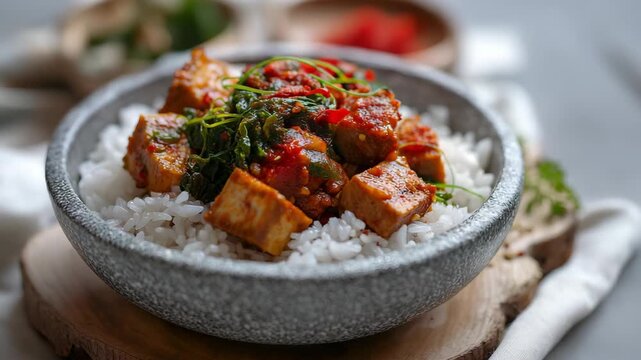 Korean dubu-jorim - braised spicy bean curd with rice in gray bowl. Asian vegetarian food concept