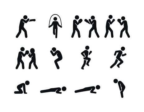 Boxing Workout Icons. Boxing workout actions. Solid icon set of boxing workout actions: shadowboxing figure, jump rope figure, bag punch figure, sparring