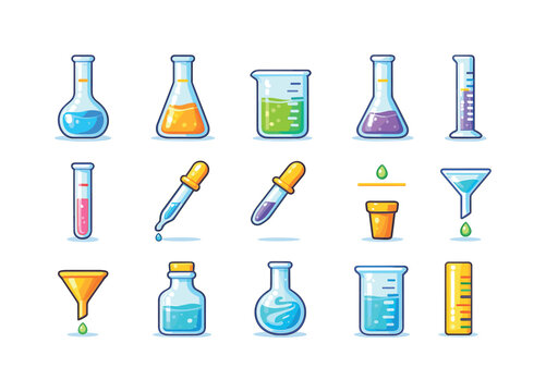 Colorful Lab Glassware Icons. Lab Glassware. Colorful flat vector icons set of Lab Glassware: volumetric flask, Erlenmeyer flask, beaker, graduated cylinder,