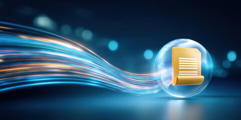 Data flowing document in glowing sphere with dynamic light trails evoking secure transfer