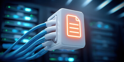 Data connected server cube with glowing file icon in modern data center