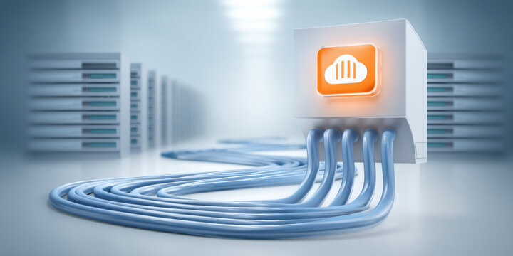 Data cloud connector and cables linking server room with glowing network hub conveying secure - Powered by Adobe