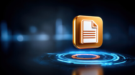 Data futuristic document icon glowing above holographic interface in blue and orange light