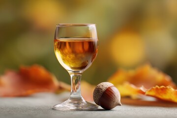 Glass of amber liquid with a hazelnut and autumn leaves