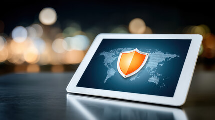Data protected shield on tablet over world map in blurred city night scene