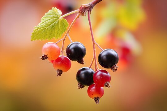 Close up of ripening red and black currants on a branch with a green leaf against a bokeh background - Powered by Adobe