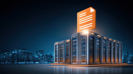 Data center file storage concept showing glowing document icon above server rack with cityscape