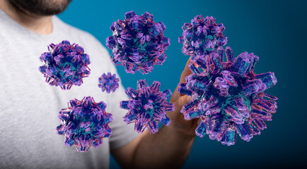 3D render illustration showing a conceptual representation of a virus or bacteria, highlighting health and dis