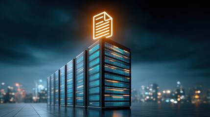 Data secure server rack at night with glowing file icon representing cloud storage and protection