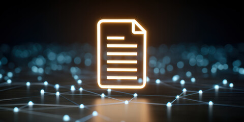 Data glowing document icon on connected digital network with bokeh lights and modern tech vibe