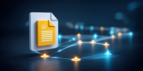Data linked document icon and glowing network nodes connected digital grid conveying information